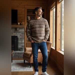 Lands’ End Men’s Fair Isle Sweater XL Brown Crewneck